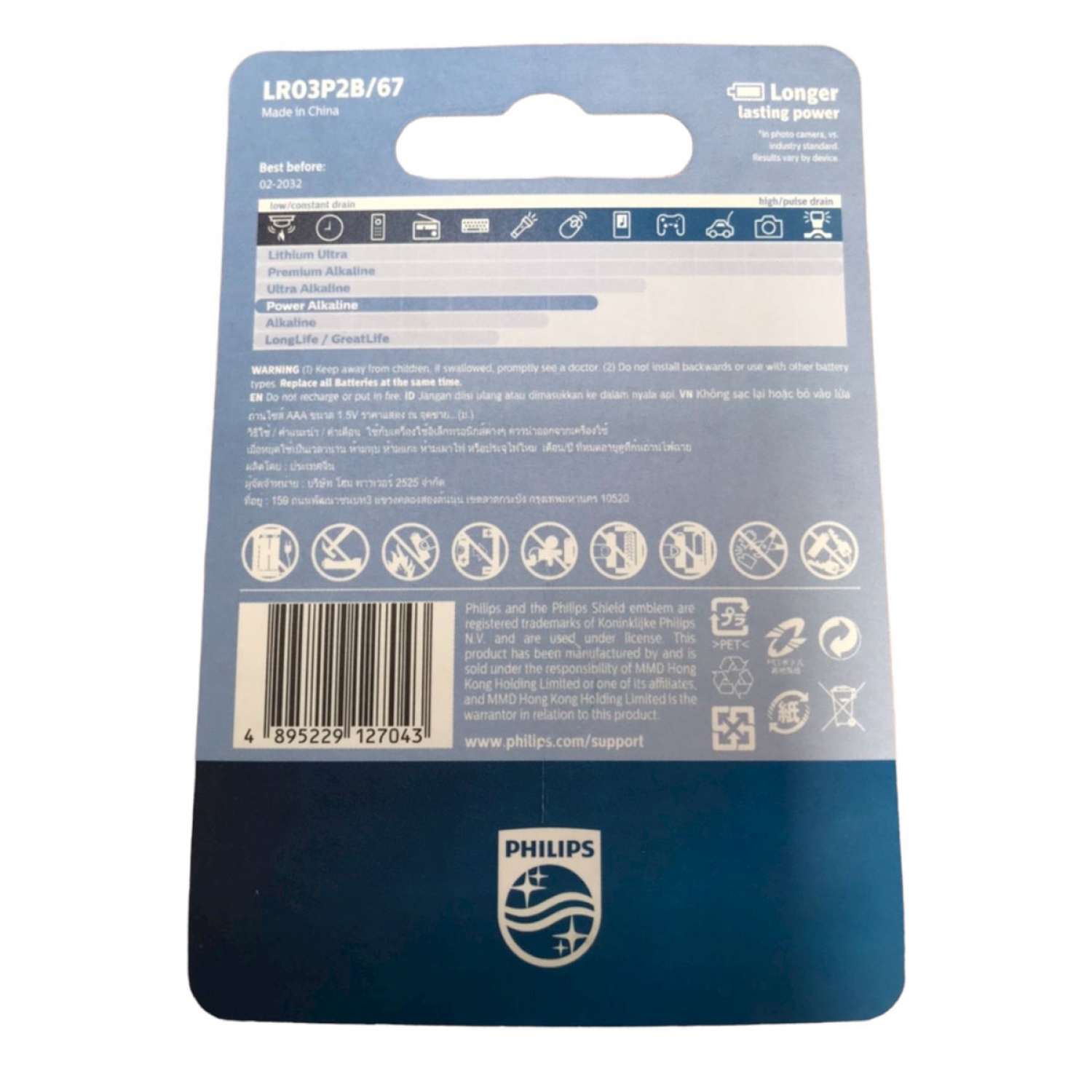 PHILIPS ถ่านไฟฉายอัลคาไลน์  Power Alkaline AAA 2 ก้อน สีเงิน