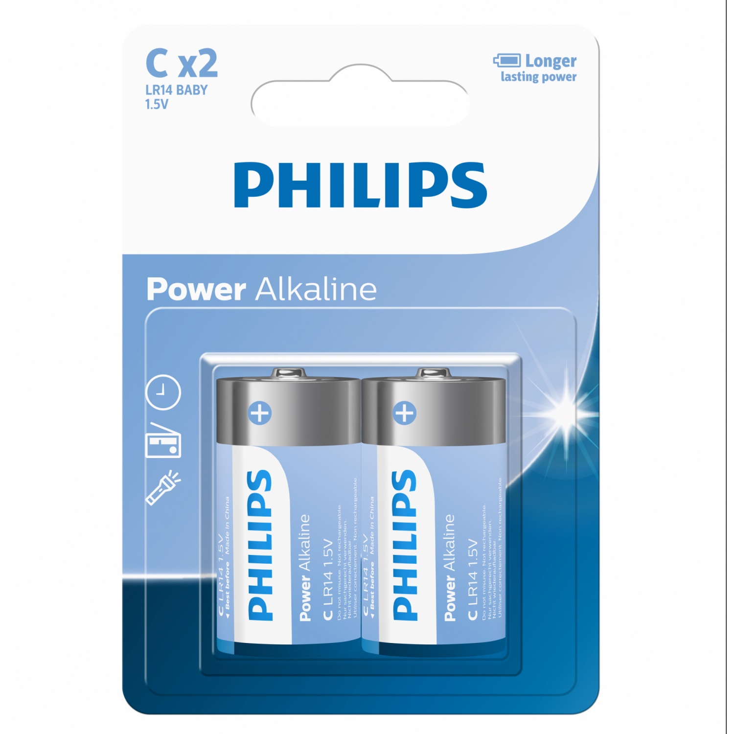 PHILIPS ถ่านไฟฉายอัลคาไลน์  Power Alkaline C 2 ก้อน 1.5V สีเงิน
