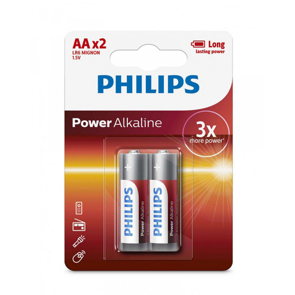 PHILIPS ถ่านไฟฉาย Power Alkaline AA (LR6P2B/97) 2 ก้อน 1.5V สีไวน์แดง