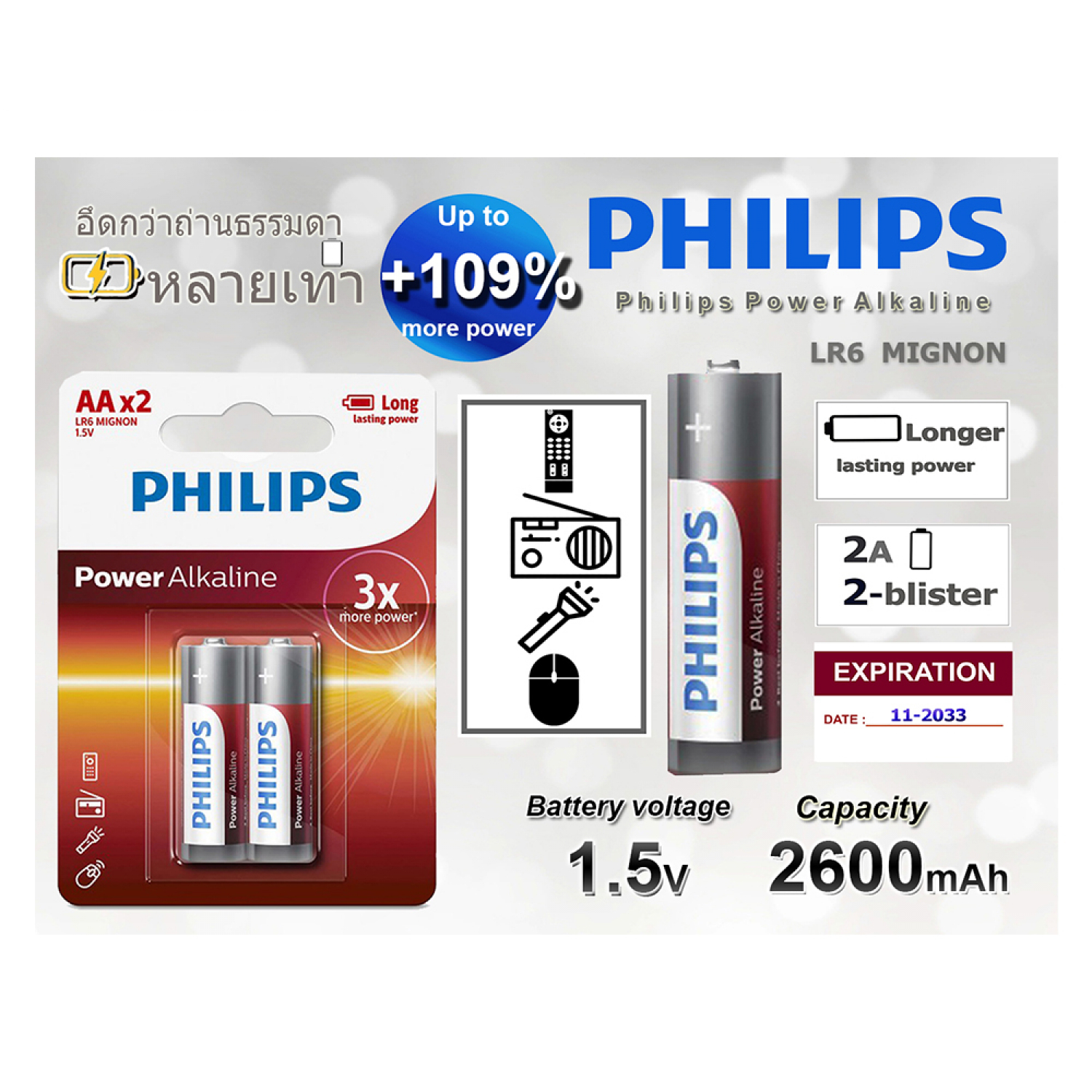 PHILIPS ถ่านไฟฉาย Power Alkaline AA (LR6P2B/97) 2 ก้อน 1.5V สีไวน์แดง