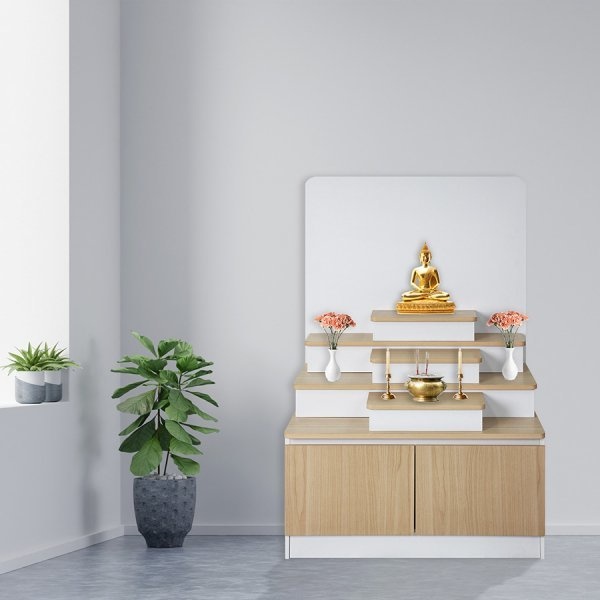 DELICATO ตู้บูชาพระแบบโมเดิร์น ตั้งพื้น ขนาด 80x50x120 ซม. รุ่นอแมนด้า สีบีช/ขาว