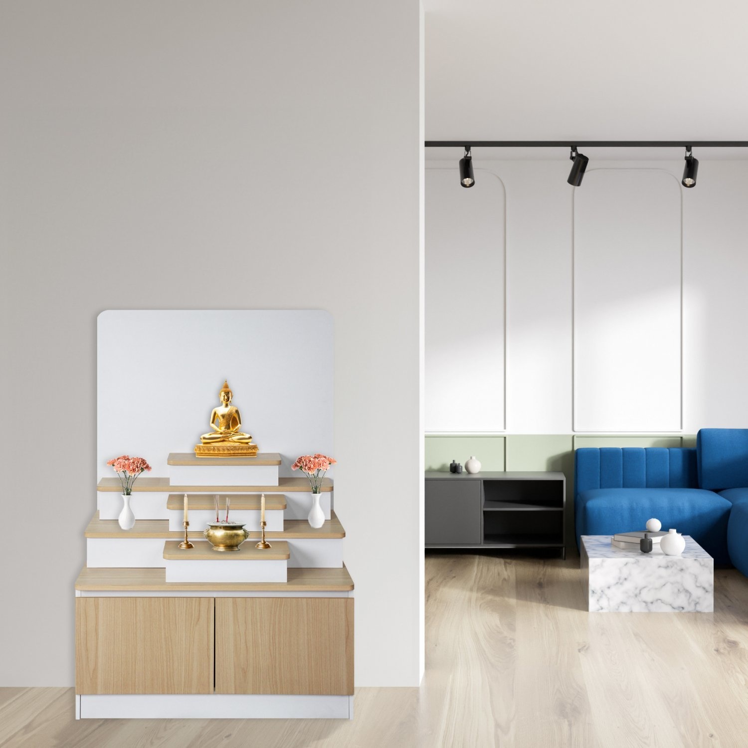DELICATO ตู้บูชาพระแบบโมเดิร์น ตั้งพื้น ขนาด 80x50x120 ซม. รุ่นอแมนด้า สีบีช/ขาว