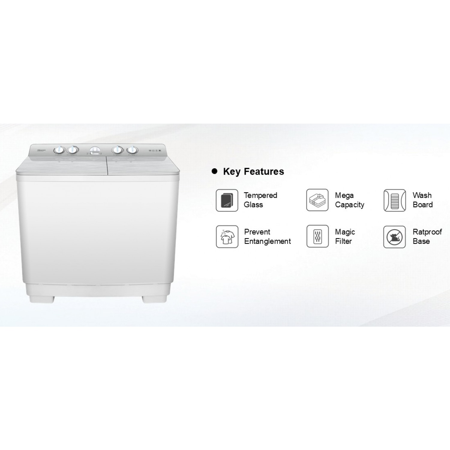 HISENSE เครื่องซักผ้าฝาบนสองถัง 16 KG. รุ่น WSRB1615UG สีขาว