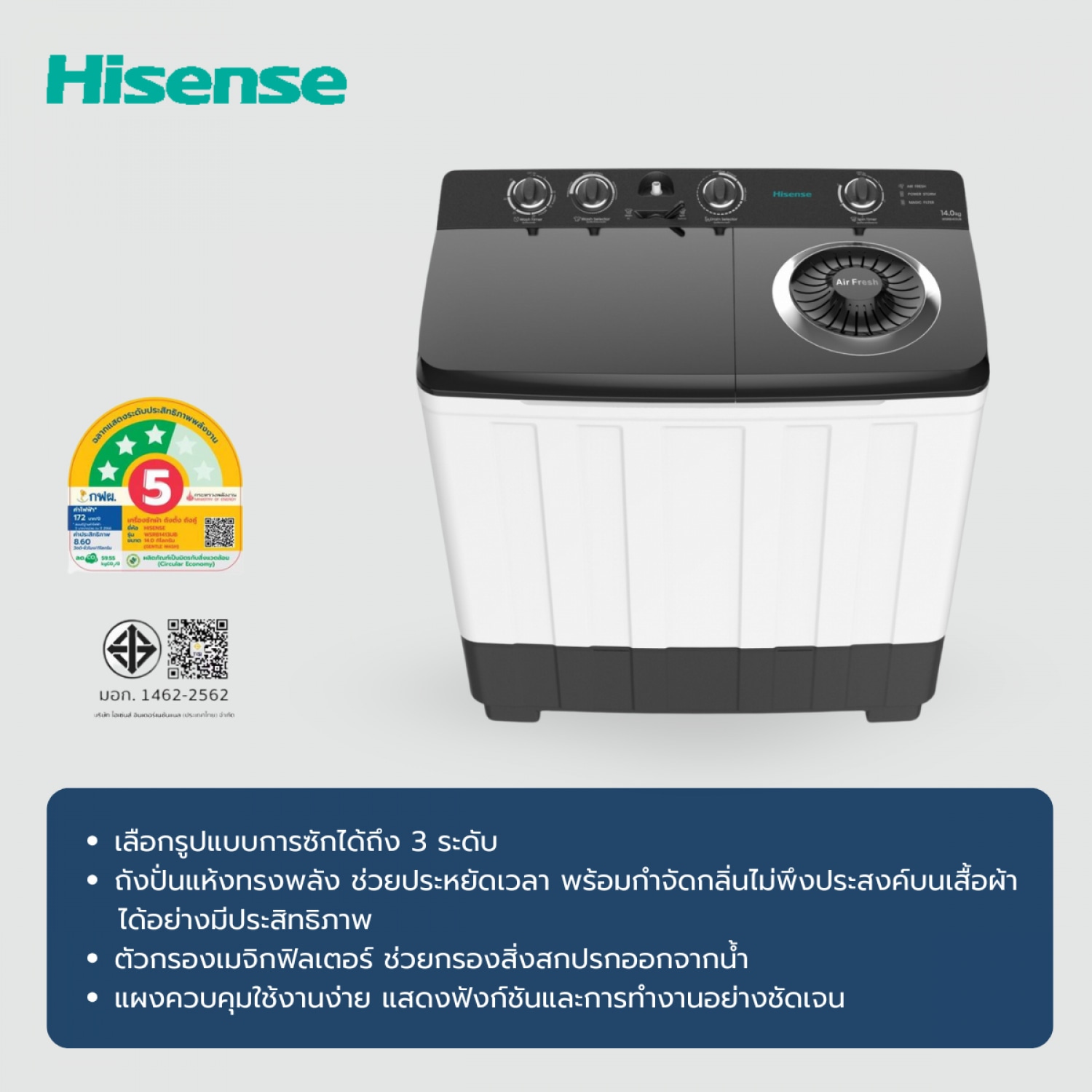 HISENSE เครื่องซักผ้า 2 ถัง ขนาด 14 กก รุ่น WSRB1413UB  สีเทา