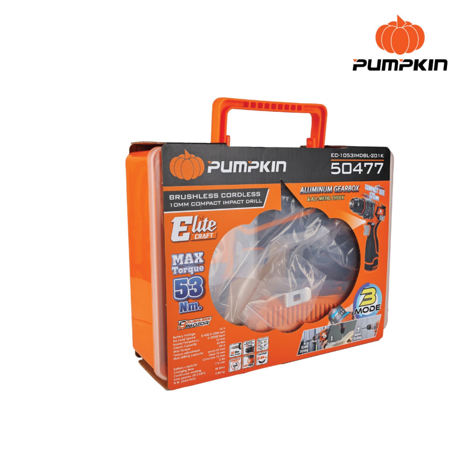 PUMPKIN สว่านกระแทกไร้สาย 53Nm ขนาด 10mm Compact ไร้แปรงถ่าน 16V Li-ion รุ่น EC-1053IMDBL-201K (50477)