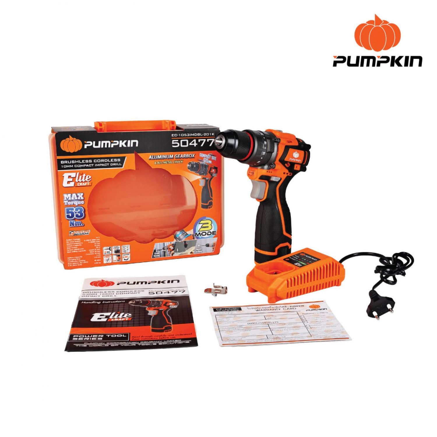 PUMPKIN สว่านกระแทกไร้สาย 53Nm ขนาด 10mm Compact ไร้แปรงถ่าน 16V Li-ion รุ่น EC-1053IMDBL-201K (50477)
