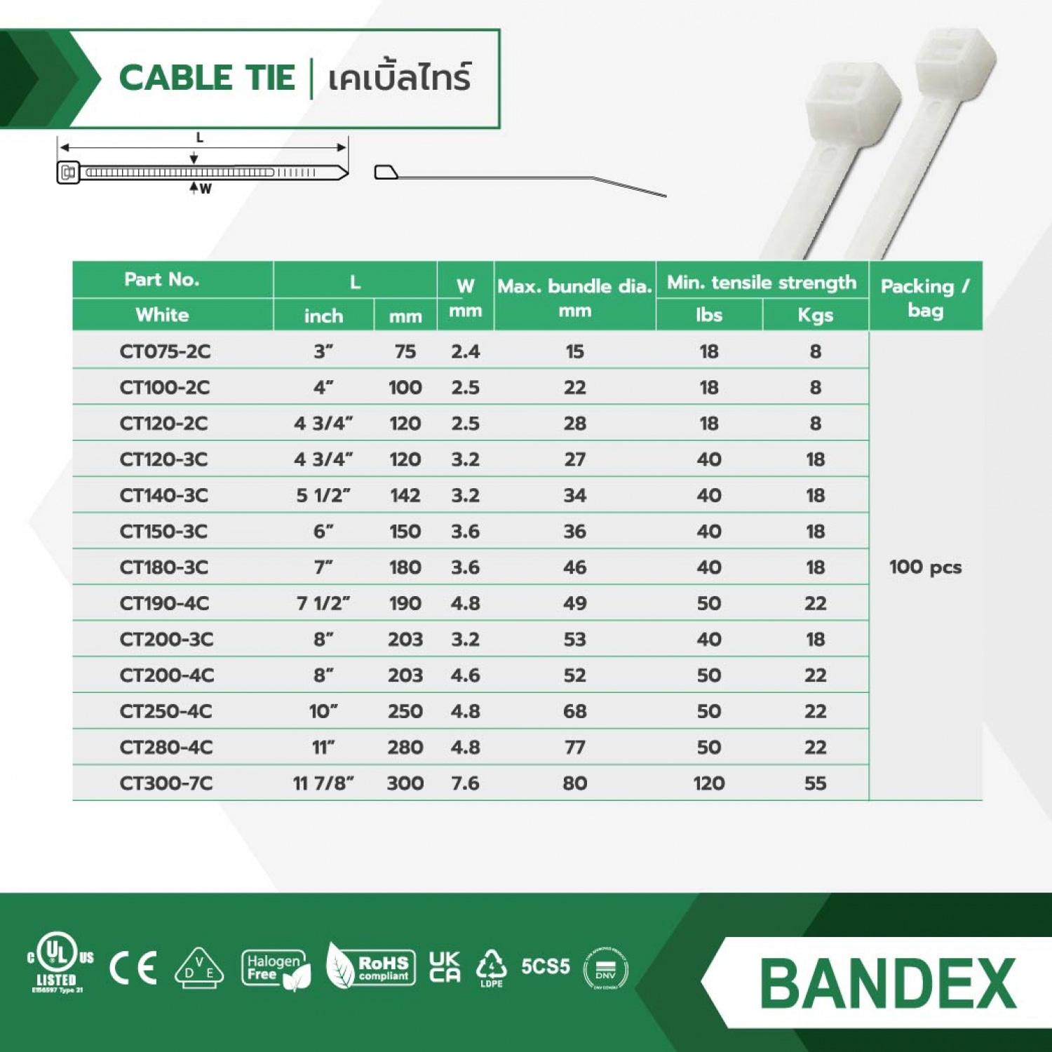 BANDEX เคเบิ้ลไทร์ ขนาด 10 นิ้ว รุ่น  CT250-4C-MT100 สีขาว