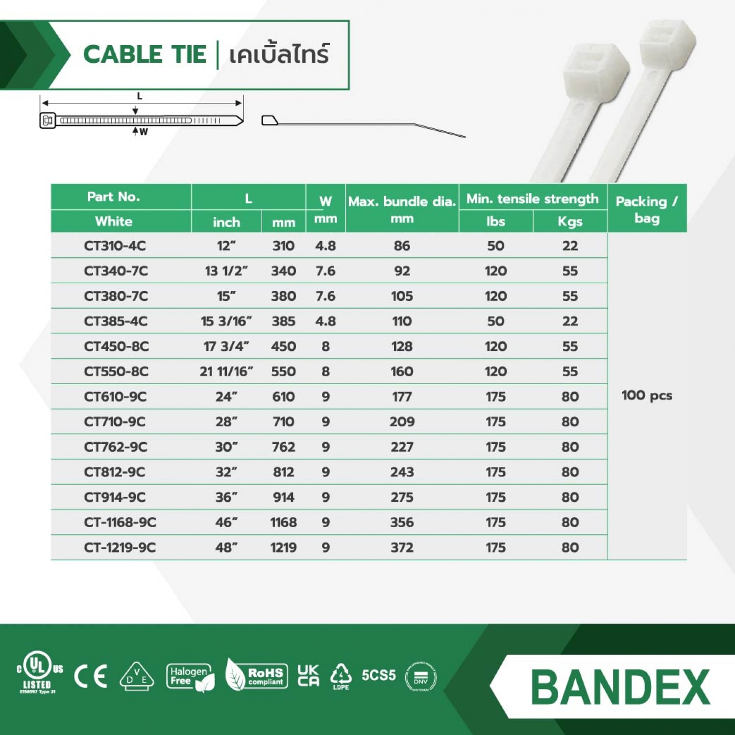 BANDEX เคเบิ้ลไทร์ ขนาด 10 นิ้ว รุ่น  CT250-4C-MT100 สีขาว