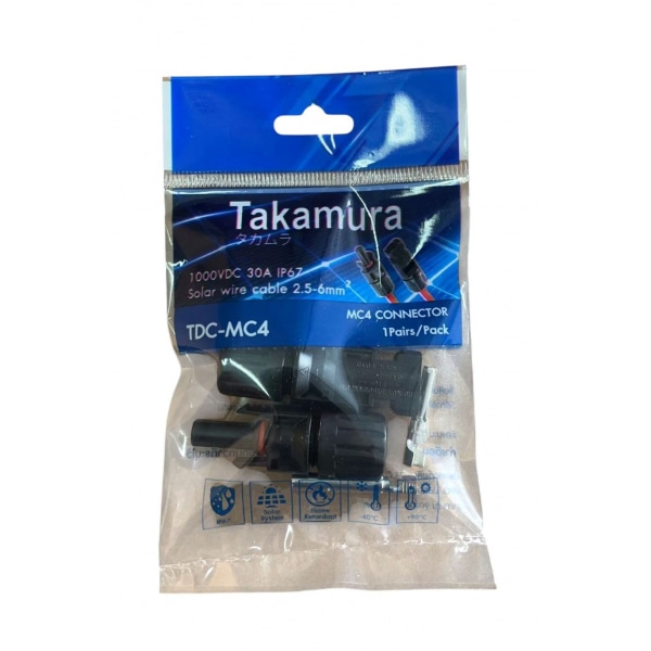 TAKAMURA ขั้วต่อสายไฟโซล่าเซลล์ 2.5-6mm. MC4 30A 1000V IP67 รุ่น TDC-MC4 (1ชุด/Pack)