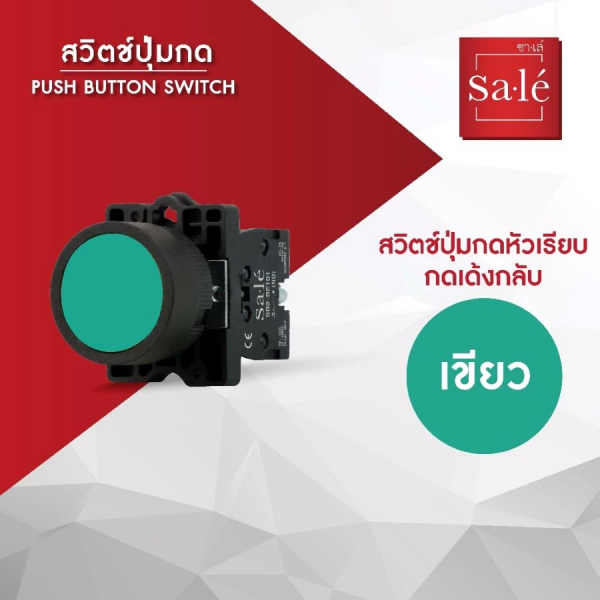 SA.LE (PUSH BUTTON & LAMP) สวิตช์กดหัวเรียบ-เด้งกลับ 22/25มิล เขียว รุ่น SB2-EA31 สีเขียว