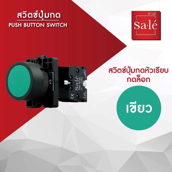 SA.LE (PUSH BUTTON & LAMP) สวิตช์กดหัวเรียบชนิดกดจม 22/25มิล รุ่น 1NO SB2-EH31 สีเขียว
