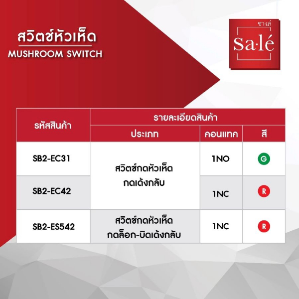 SA.LE  MUSHROOM SWITCH สวิตช์กดหัวเห็ด ชนิดกดเด้งกลับ รุ่น 1NO SB2-EC31  สีเขียว