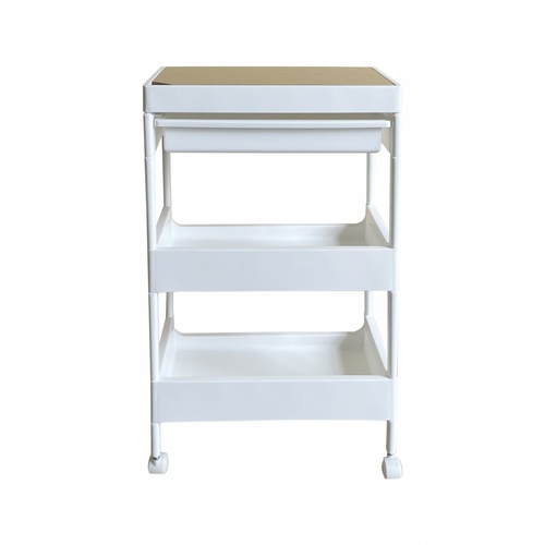 GOME ชั้นวางพลาสติกท็อปไม้ 3 ชั้น พร้อมถาดลิ้นชัก รุ่น GD680WH ขนาด 40X26X68 CM. สีขาว