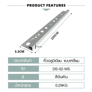 MAC คิ้วกระเบื้องอลูมิเนียม แบบเหลี่ยม ขนาด 10 มม. ยาว 2 เมตร รุ่นDS-02-MS สีเงินด้าน