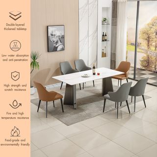 (1/5)DELICATO ชุดโต๊ะอาหารท็อปหินอ่อน 6ที่นั่ง Maki  ขนาดโต๊ะ 90x200x75 ซม. ขนาด 54x59x84 ซม. สีขาว 