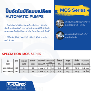 LUCKY PRO ปั๊มน้ำอัตโนมัติ 180W รุ่น LP-MQS136B/A