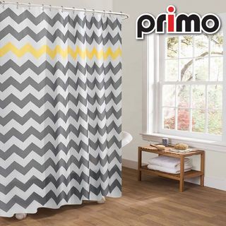 Primo ม่านห้องน้ำโพลีเอสเตอร์ ลายกราฟฟิกคาดเหลือง รุ่น DDF001-YL ขนาด 180x180 ซม. สีเทา