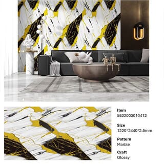 GREAT WOOD บอร์ด SPC ลายหินอ่อนเคลือบ UV รุ่นJF122025-UV-LJ80003T Size122x244x0.25cm. ลายดำริ้วทอง