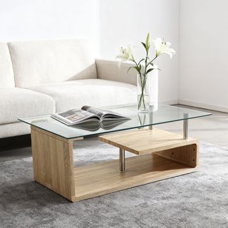 (1/2)DELICATO โต๊ะกลางหน้ากระจก รุ่น Glacia  ขนาด65x110x42 ซม.  สีไม้ธรรมชาติ