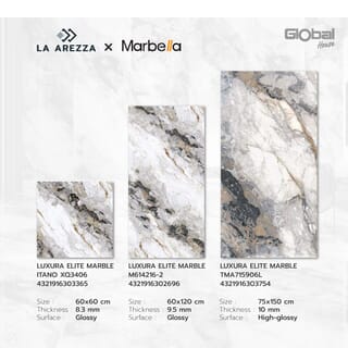 La Arezza กระเบื้องพอร์ซเลน 75X150  ซม. รุ่น Luxura  elite marble  (TMA715906L) High-glossy Random (2pcs /box  2.25 sqm)
