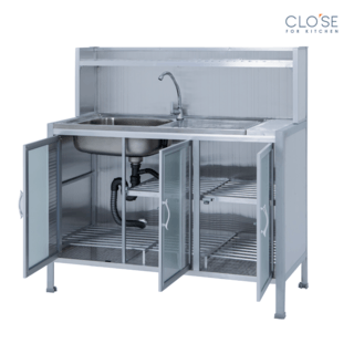 CLOSE ตู้ตั้งพื้นอลูมิเนียมพร้อมซิงค์ 1 หลุมมีที่พักแถมก๊อก SENSE-Z120 ขนาด 120x53x121 ซม. สีเงิน
