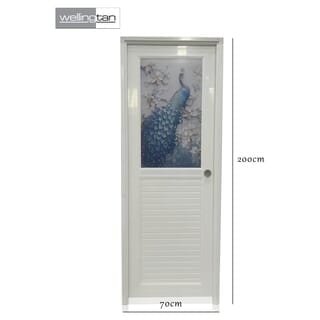 WELLINGTAN ประตูยูพีวีซีกระจกสกรีนลายนกยูงพร้อมวงกบและบานพับ รุ่นJM-064 ขนาด 70x200ซม. สีขาว (เจาะลูกบิด)