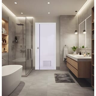 WELLINGTAN ประตู UPVC Profile รุ่น  WT2 (สำหรับใช้ห้องน้ำภายใน) เกล็ดล่าง เซาะร่องเส้นสีน้ำเงิน ขนาด 70x200 ซม. สีขาว (เจาะลูกบิด)
