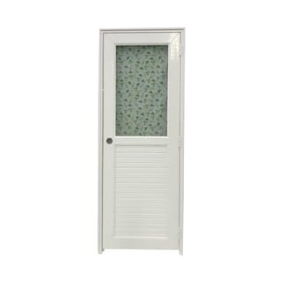 WELLINGTAN ประตู UPVC กระจกสกรีนลายดอกไม้สีเขียวพร้อมวงกบและบานพับ รุ่นJM-065 ขนาด 70x200ซม. สีขาว (เจาะลูกบิด)