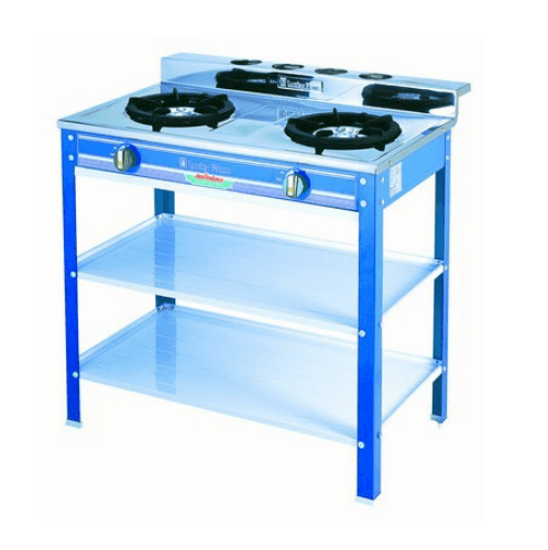 LUCKY FLAME เตาแก๊สตั้งพื้นแบบหัวคู่ 2ชั้น หน้าสเตนเลส LF-402 สีน้ำเงิน