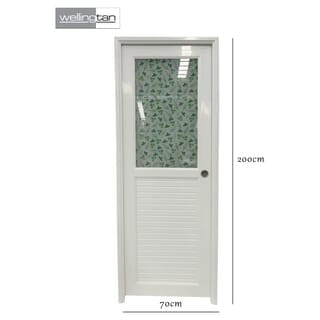 WELLINGTAN ประตู UPVC กระจกสกรีนลายดอกไม้สีเขียวพร้อมวงกบและบานพับ รุ่นJM-065 ขนาด 70x200ซม. สีขาว (เจาะลูกบิด)