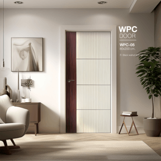 WELLINGTAN ประตู WPC รุ่น WPC-05 (สำหรับใช้ภายใน) บานทึบเซาะร่องดำ ขนาด 80x200 ซม. สีBlack walnut & Brown Oak (ไม่เจาะลูกบิด)