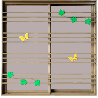 WELLINGTAN (LIKE) หน้าต่างอะลูมิเนียมพร้อมเหล็กดัด บานเลื่อน SS 100x100ซม. สีชา พร้อมมุ้ง (ใบไม้ผีเสื้อ)