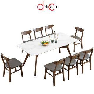 (1/6)DELICATO ชุดโต๊ะอาหารท็อปหินอ่อน 8 ที่นั่ง รุ่น Hinoki ขนาดโต๊ะ 90x180x75 ซม. ขนาดเก้าอี้ 46x55x76 ซม. สีขาว