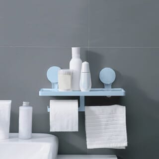 Primo หิ้งวางของ พร้อมที่แขวนกระดาษชำระ 2 แกน พลาสติก รุ่น Aero-05 ขนาด 11x32x17 ซม. สีฟ้า