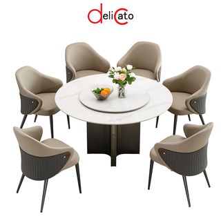 (1/6)DELICATO ชุดโต๊ะอาหารท็อปลายหินอ่อน 6 ที่นั่ง รุ่น Marblezen ขนาดโต๊ะทรงกลม 135 ซม. ขนาดเก้าอี้ 59x65x83 ซม. สีขาว