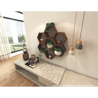 รังผึ้ง 6 ช่อง ทรงกลม ที่แขวนผนังไม้สัก ขนาด 75x75 ซม. สีไม้สักเข้ม