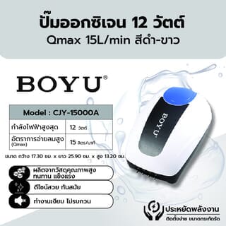 BOYU ปั๊มออกซิเจน รุ่นCJY-15000A ขนาด12W Qmax15L/H สีดำขาว