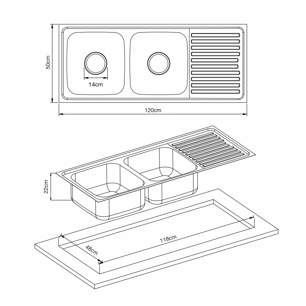 CLOSE อ่างล้างจานขอบฝัง 2 หลุมมีที่พัก SUS304 120x50x22 ซม. ST2-12050