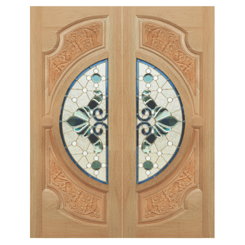ประตูไม้สยาแดง ลูกฟักแกะลายพร้อมกระจก (ดอกไม้-L) SET 1 VANDA-08 160x200cm. MAZTERDOORS