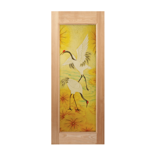 ประตูไม้สยาแดง บานเรียบพร้อมกระจกเพ้นท์ลายนก MASTER-004 80X200cm. MAZTERDOORS