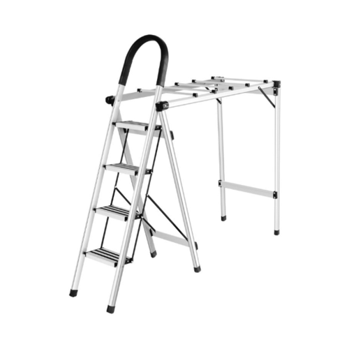 HUMMER ราวตากผ้าบันไดอเนกประสงค์ 2 in 1 กางเป็นบันไดอลูมิเนียม 4 ขั้น รุ่น LF011 สีเงิน