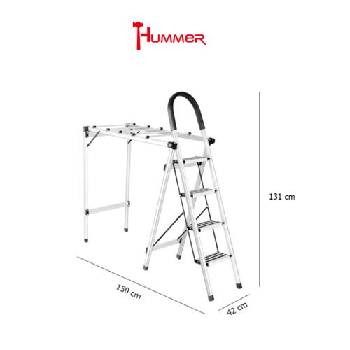HUMMER ราวตากผ้าบันไดอเนกประสงค์ 2 in 1 กางเป็นบันไดอลูมิเนียม 4 ขั้น รุ่น LF011 สีเงิน