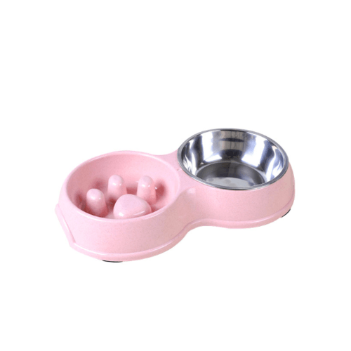 ชามคู่แบบทานช้าและสเตนเลส  รุ่น BP021 ขนาด 17×30.5×5ซม. สีชมพู  DUDUPETS