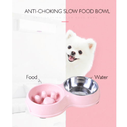 ชามคู่แบบทานช้าและสเตนเลส  รุ่น BP021 ขนาด 17×30.5×5ซม. สีชมพู  DUDUPETS