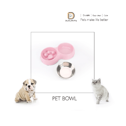 ชามคู่แบบทานช้าและสเตนเลส  รุ่น BP021 ขนาด 17×30.5×5ซม. สีชมพู  DUDUPETS