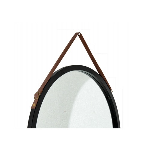 NICE กระจกเงากรอบไม้ สายหนัง แบบกลม 45cm. SXX014 สีดำ