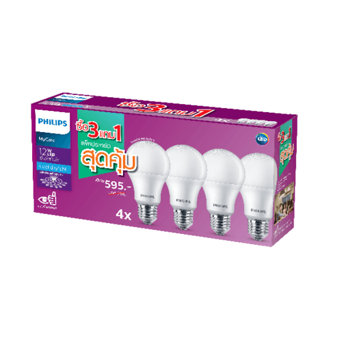 PHILIPS หลอดแอลอีดี บัล์บ 12 วัตต์ E27 6500K - APR แพ็ค4 สีขาว