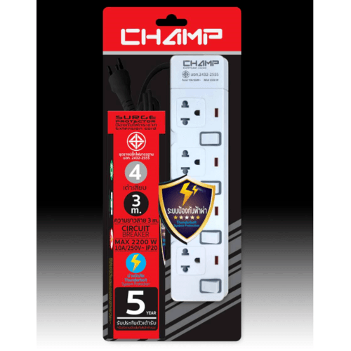 CHAMP รางปลั๊กไฟมอก.4ช่อง 4สวิทซ์ 3M รุ่น C-9344 สีขาว