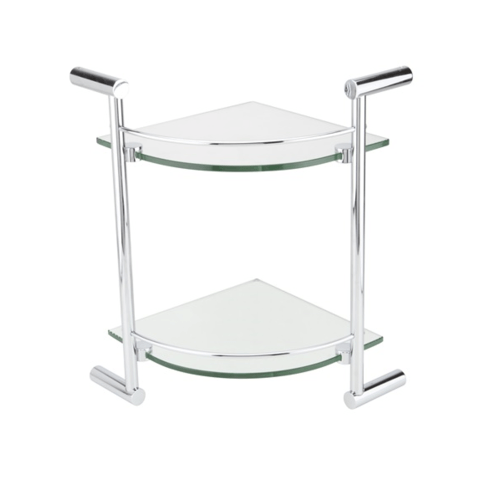 Hafele หิ้งวางของกระจกพร้อมราวกั้นสแตนเลส 2 ชั้น เข้ามุม รุ่น 499.98.004