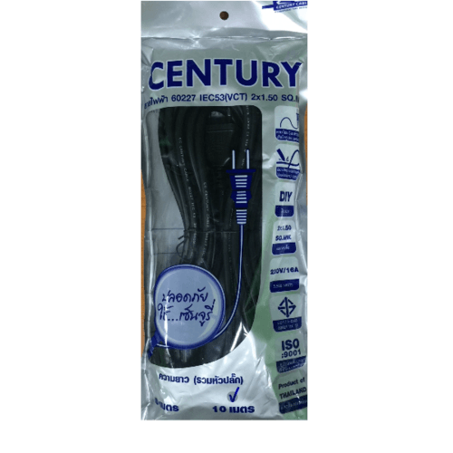 CENTURY ปลั๊ก-สายไฟ VCT 2x1.5 SQ.MM. 10M สีดำ